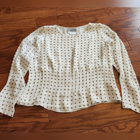 CARLISLE Women's 100% Silk Ivory & Brown Sheer Blouse Size 14 - Picture 1 of 4